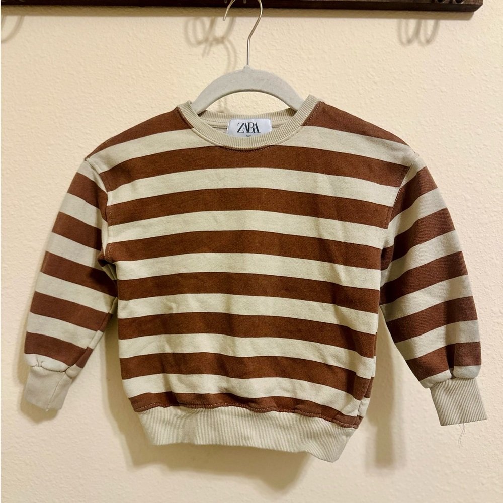 ZARA Kids Brown and Cream Striped Crewneck Sweatshirt